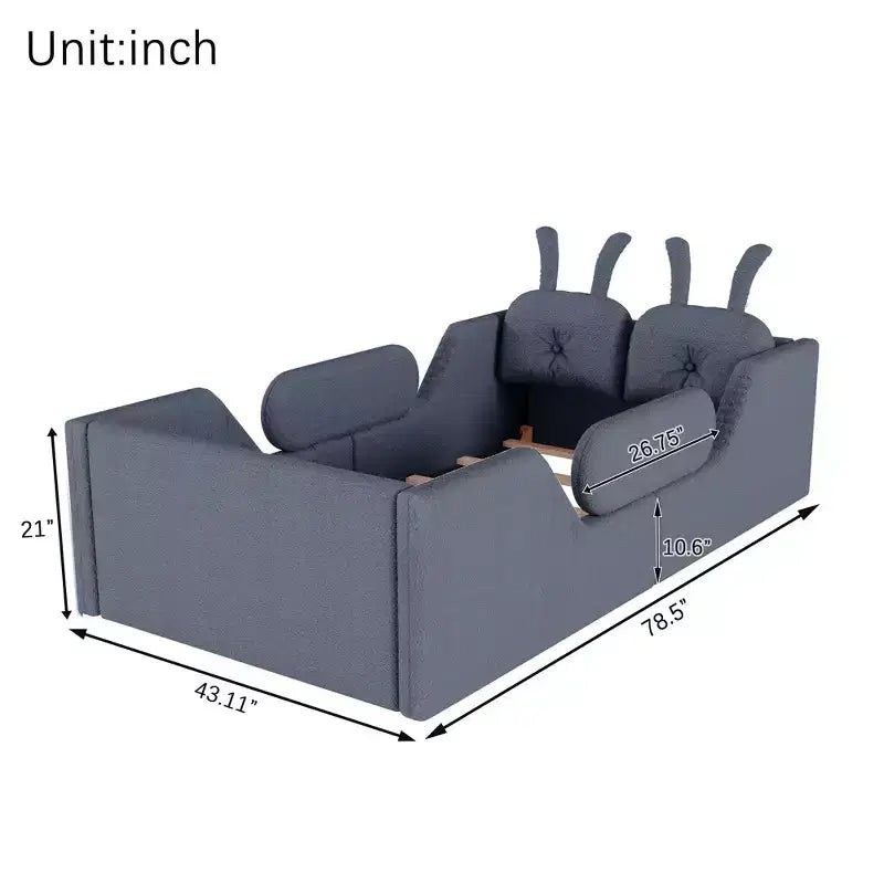 Letto a piattaforma singolo Whisen, struttura imbottita per letto a terra per bambini con cuscino a forma di coniglio e sponde laterali rimovibili