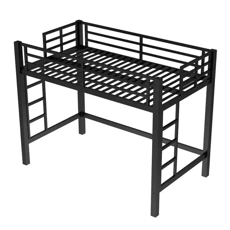 Letto a soppalco in metallo, struttura salvaspazio con doppia scala e sponde di sicurezza, nero - ModernLuxe