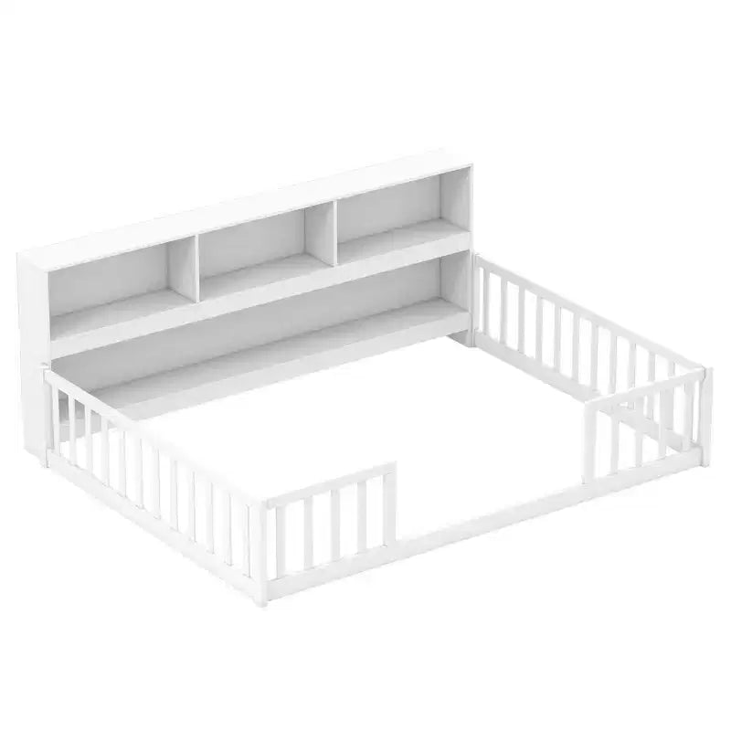 Letto a pavimento Montessori Twin/Full con libreria, ripiani contenitore e sponde di sicurezza, bianco/grigio