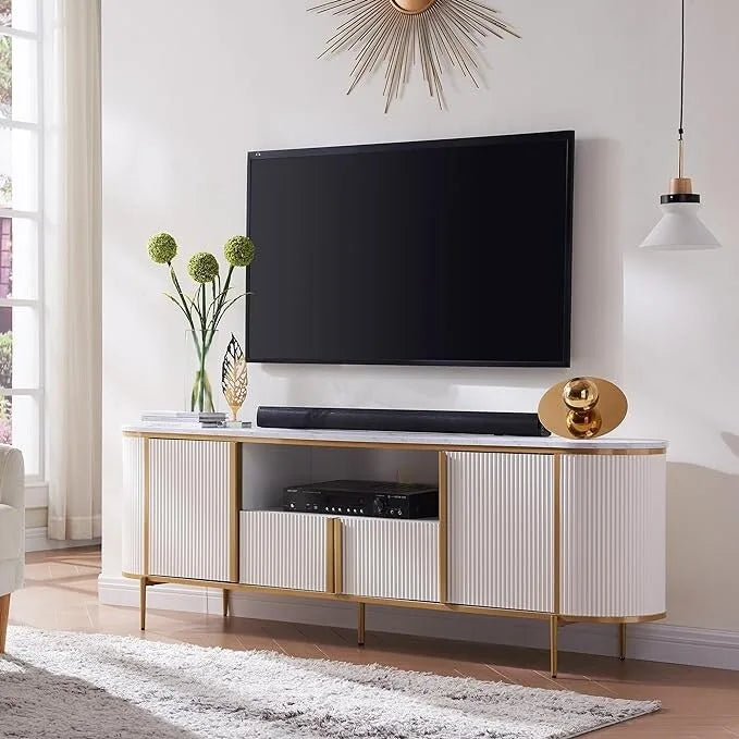 Modern Luxury TV Stand, Entertainment Cente, with Faux Marble Top