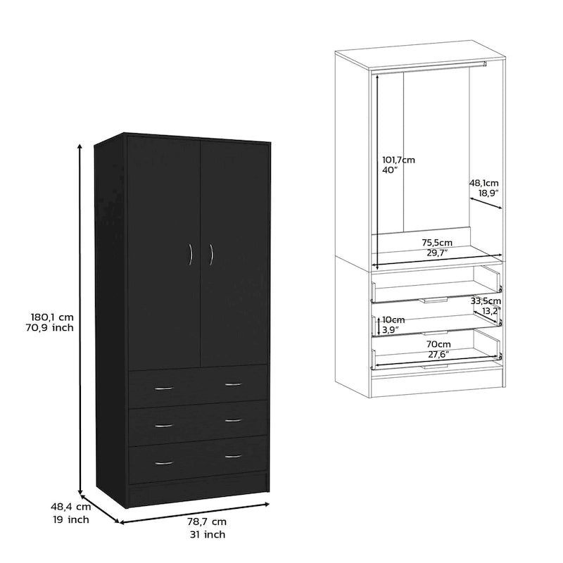 Armoire moderne à deux portes avec 3 tiroirs et 1 tringle pour chambre