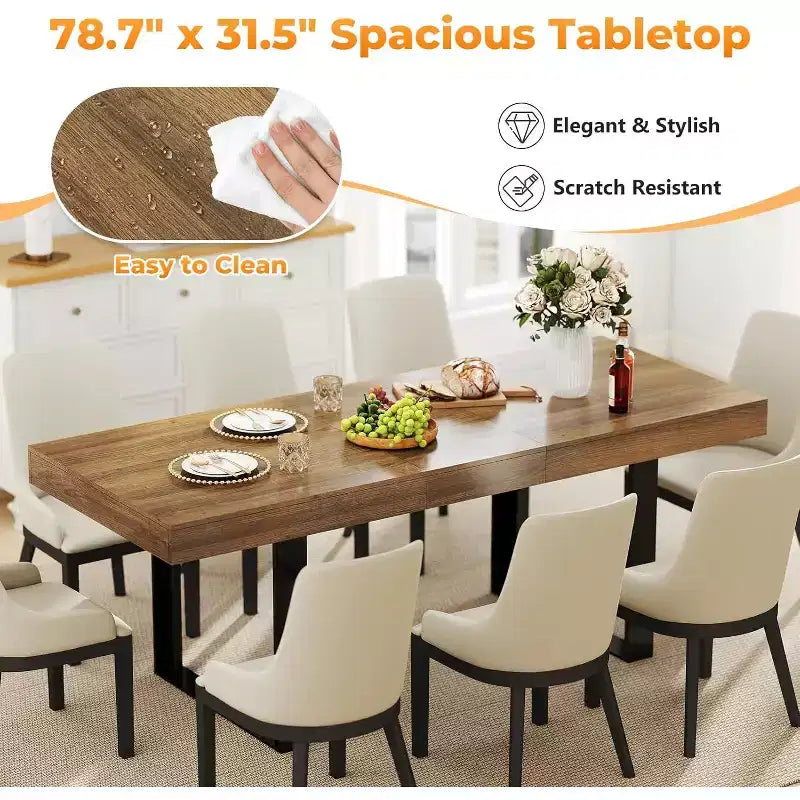 Table à manger extensible Zevemomo de 63 à 78,7 pouces, table de cuisine rectangulaire pour 6 à 10 personnes avec rail métallique et pieds coniques en U pour salle à manger ou bureau - Marron
