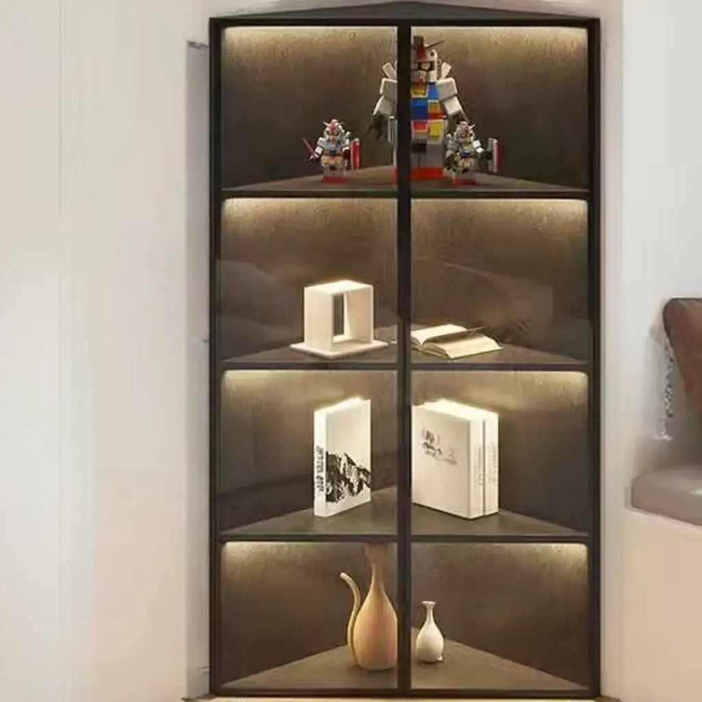 Mobile angolare moderno da esposizione in metallo e legno grigio con anta in vetro