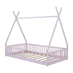 Floor Bed for Kids, Twin Size Tent Beds, Montessori Floor Bed with Slats and Fence Rails, Wood House Bed Frame for Boys Girls