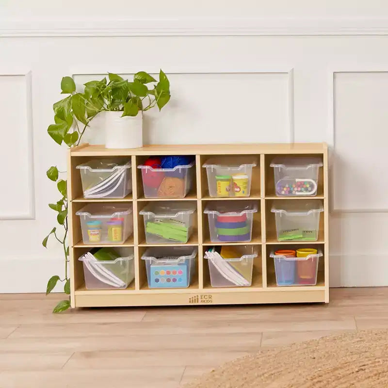 Mobiletto mobile con vassoi e 15 contenitori frontali a vaschetta, 3x4, arredo per bambini