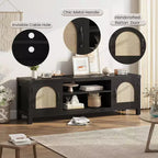 Meuble TV de style bohème de 65 pouces avec porte en rotin – meuble de divertissement en bois avec deux armoires et des étagères réglables, idéal pour les salons