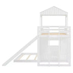 Lit superposé en bois Luxystar avec couchage supérieur une place et inférieur deux places, maisonnette, toboggan et barrières de sécurité