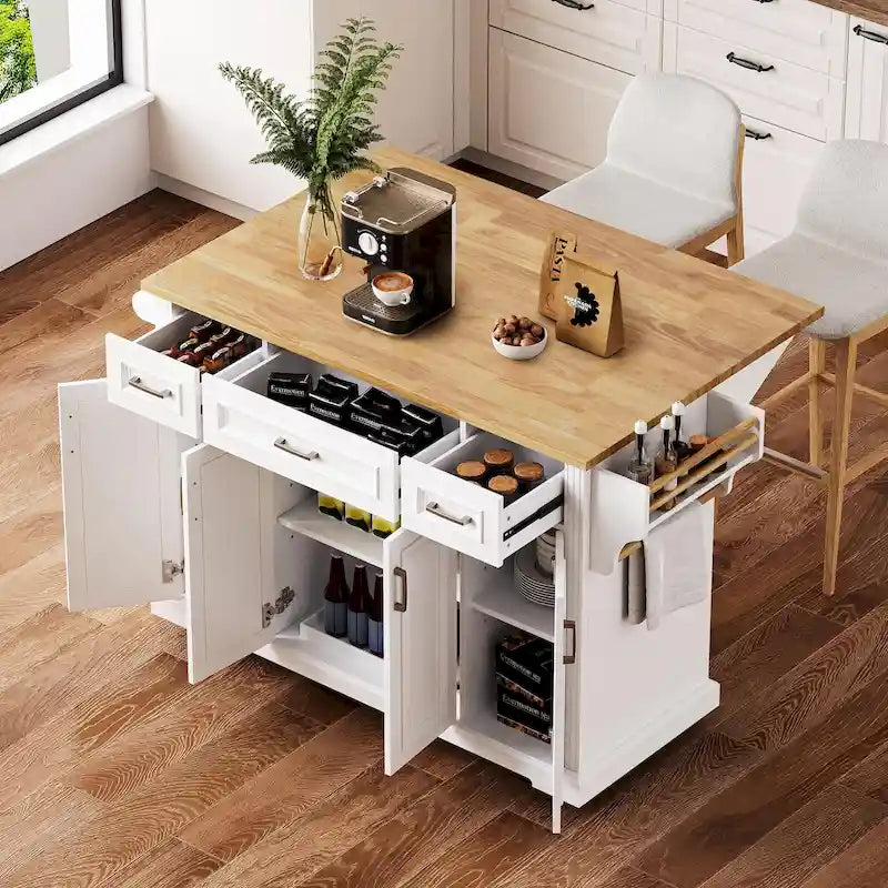 54 Grande isola da cucina con piano ribaltabile in legno di hevea, carrello da cucina con texture in rilievo su 4 ruote, 4 ante e 3 cassetti