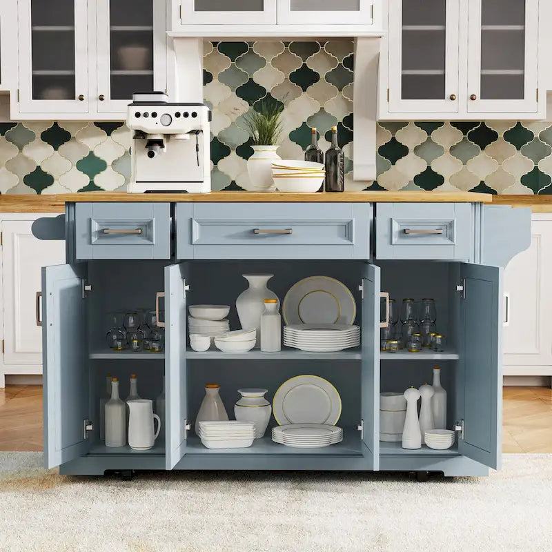 54 Îlot de cuisine grand format avec rallonge rabattable en bois d’hévéa, desserte de cuisine roulante à texture gaufrée sur 4 roulettes avec 4 portes et 3 tiroirs