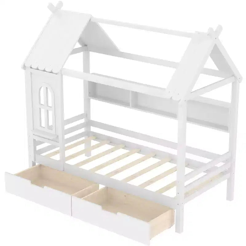 Haus-Hochbett mit Aufbewahrungsschubladen und Fenster, Rahmen aus Massivholz mit Regalen, kindlich-verspieltes Design, helles Weiß
