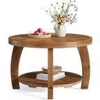 Lantine Solid Wood Round Coffee Table, 2-Tier Center Table with Storage, 31.5 Inch Tabletop with Mosaic Pattern, Easy Assembly, for Living Room, Brown