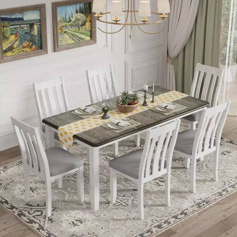 Ensemble de table à manger extensible de style champêtre pour 6 personnes, table rectangulaire et 6 chaises rembourrées