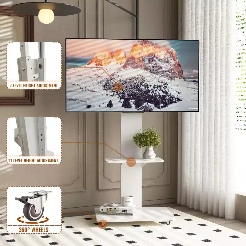 Meuble TV pour téléviseurs de 32 à 75 pouces, chariot TV mobile à hauteur réglable avec tiroir et roulettes pour le salon, la chambre et le bureau - ModernLuxe