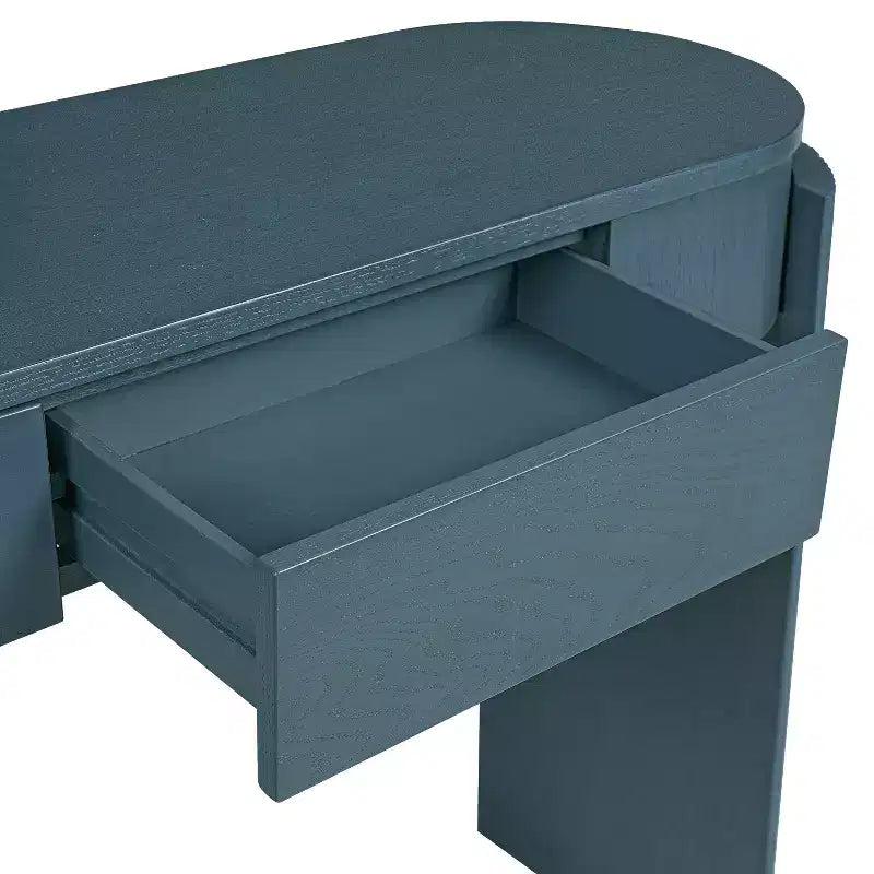 Consolle moderna Merax con piano ovale, gambe curve scanalate e due cassetti nascosti