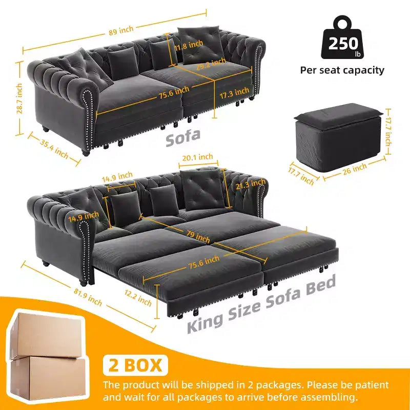 Canapé-lit escamotable et convertible Whisen en velours, format très grand lit, 3-en-1, avec ottoman amovible et design capitonné