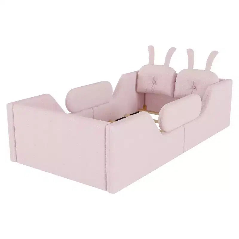 Letto a piattaforma singolo Whisen, struttura imbottita per letto a terra per bambini con cuscino a forma di coniglio e sponde laterali rimovibili