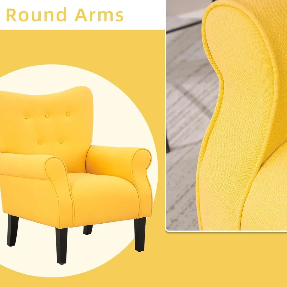 Fauteuil d’appoint moderne Erommy, fauteuil à dossier haut, canapé une place en tissu rembourré avec boutons et pieds en bois pour le salon