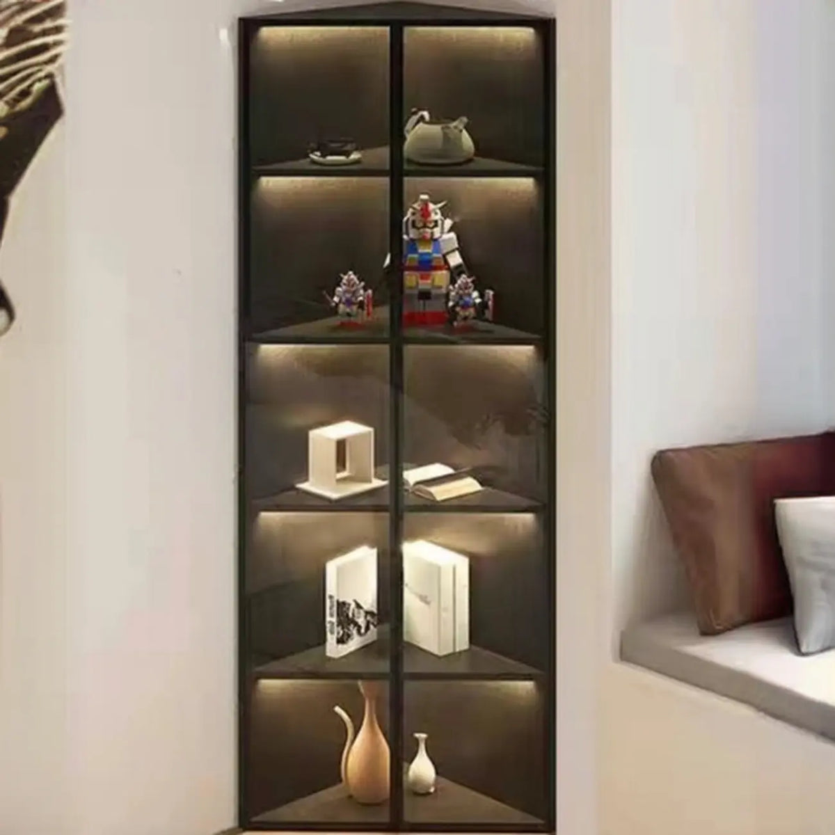Mobile angolare moderno da esposizione in metallo e legno grigio con anta in vetro