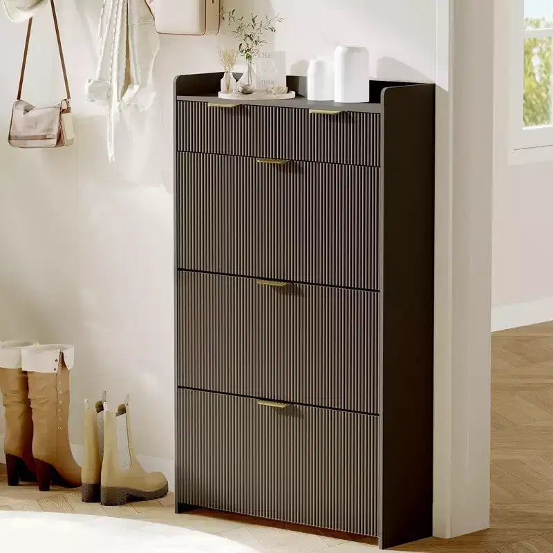 Scarpiera moderna bianca con 3 cassetti ribaltabili, 2 cassetti piccoli e ganci, organizer sottile scanalato per scarpe, mobile stretto per ingresso