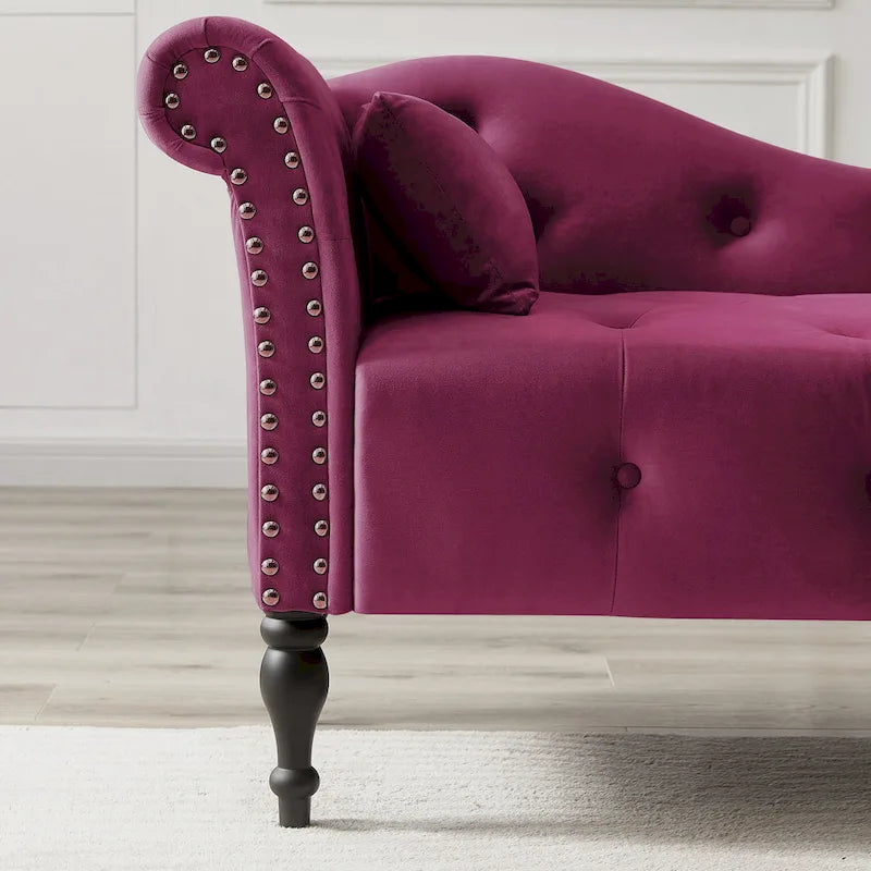 Chaise longue moderna da 60,6" in velluto con bottoni trapuntati, gambe in legno massello e borchie decorative