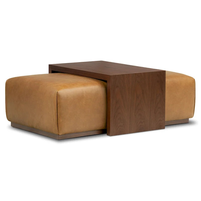 Pouf Jarmo Poly & Bark con tavolino regolabile in noce, vera pelle italiana pieno fiore