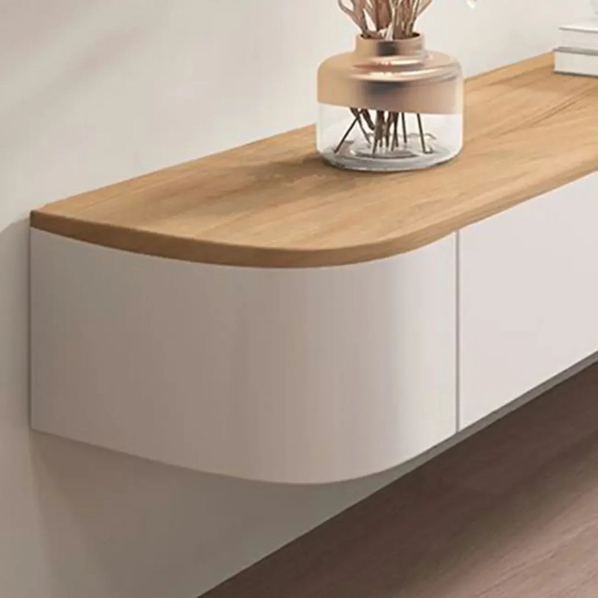 Mobile TV sospeso moderno, lungo e bianco, in legno, con cassetti