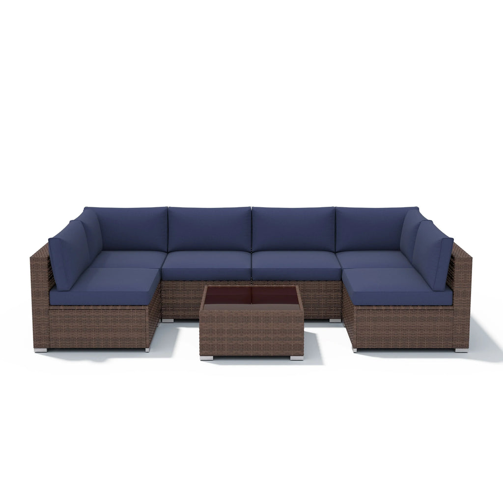 Ensemble de canapé modulaire d’extérieur rembourré en osier et acier, 7 pièces