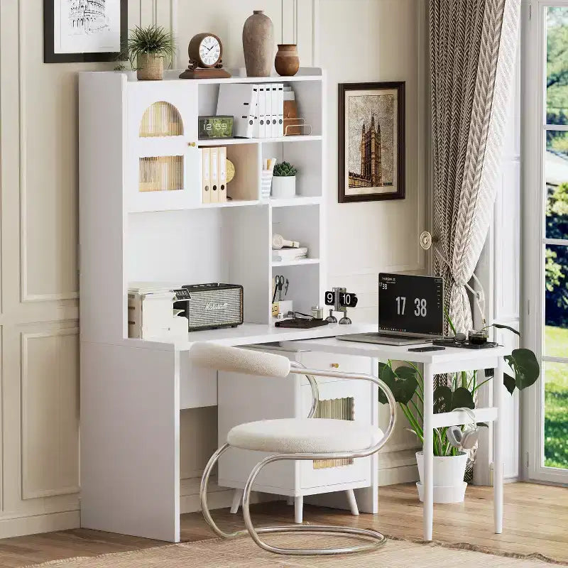 Scrivania moderna in legno per home office Okak con piano/sedia e libreria, scrivania da studio con spazio per adolescenti e studenti, per studio e ufficio