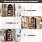Mobiletto contenitore alto ad arco con ante in vetro, libreria espositiva a 5 ripiani con mensole regolabili per cucina o soggiorno