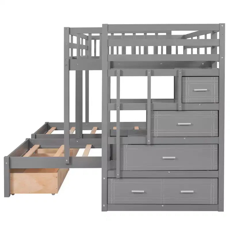 Lit superposé Whisen avec lit double au-dessus de deux lits une place, lit superposé triple en bois avec tiroirs et barrières de sécurité