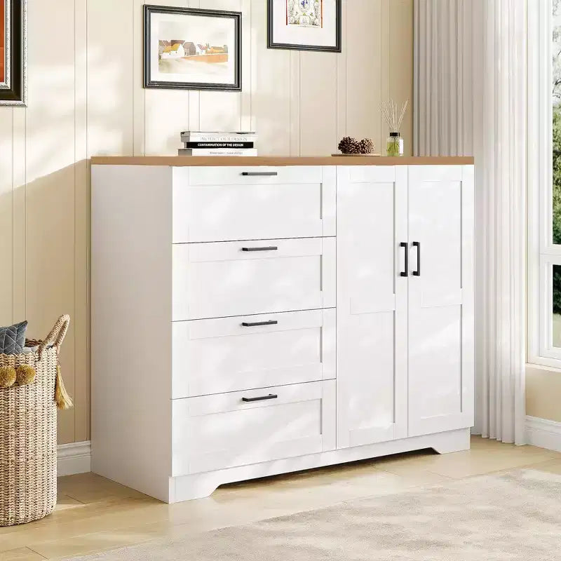 Armadio guardaroba in legno alto 43,3" con 4 cassetti e barra appendiabiti, mobile contenitore multifunzionale per abiti da camera da letto
