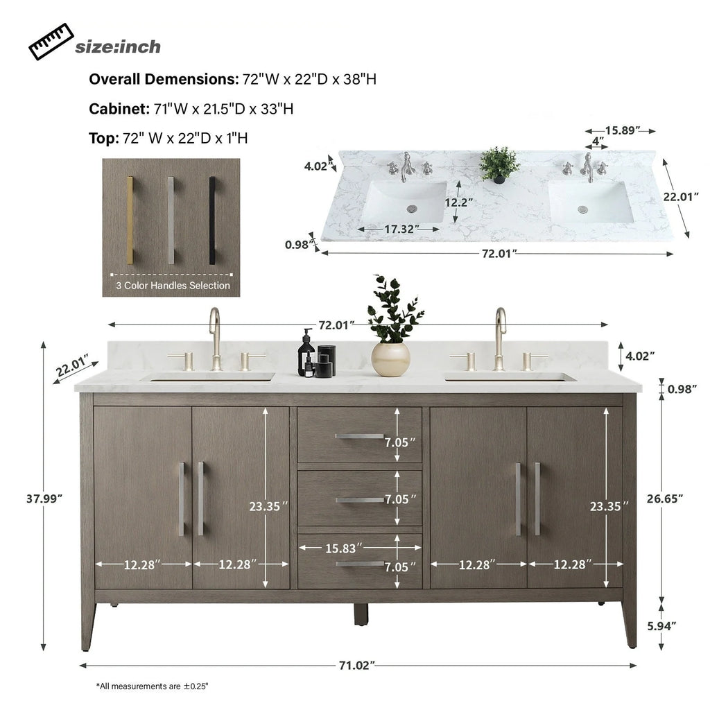 Meuble-lavabo Vanity Art 72 à double vasque avec plateau en marbre reconstitué