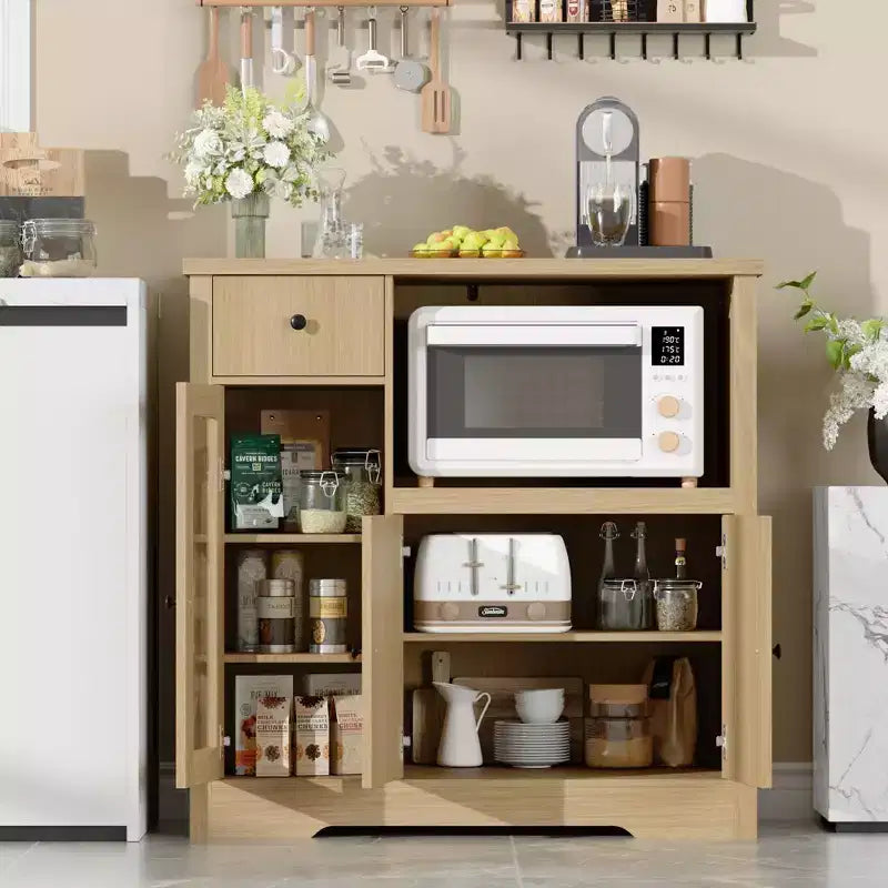 Meuble de cuisine pour micro-ondes avec rangement, 3 portes, 1 tiroir et étagères réglables, meuble de rangement garde-manger
