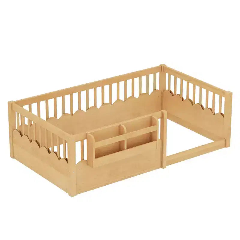 Lit cabane Montessori simple en bois Bellemave pour enfants, avec barrière surélevée et bibliothèque, pour filles et garçons