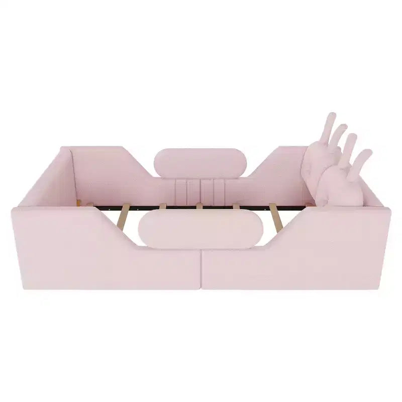 Letto a piattaforma singolo Whisen, struttura imbottita per letto a terra per bambini con cuscino a forma di coniglio e sponde laterali rimovibili