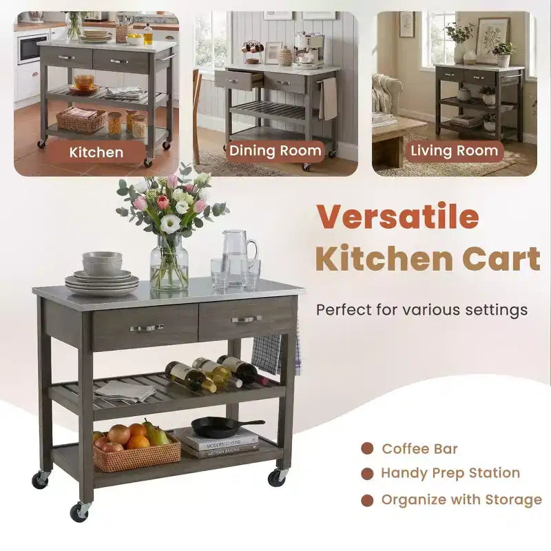 Desserte de cuisine roulante avec plateau en marbre, îlot de cuisine en bois massif avec 2 tiroirs, chariot de cuisine à 3 niveaux avec roulettes amovibles verrouillables et porte-serviettes