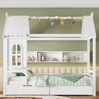 Haus-Hochbett mit Aufbewahrungsschubladen und Fenster, Rahmen aus Massivholz mit Regalen, kindlich-verspieltes Design, helles Weiß