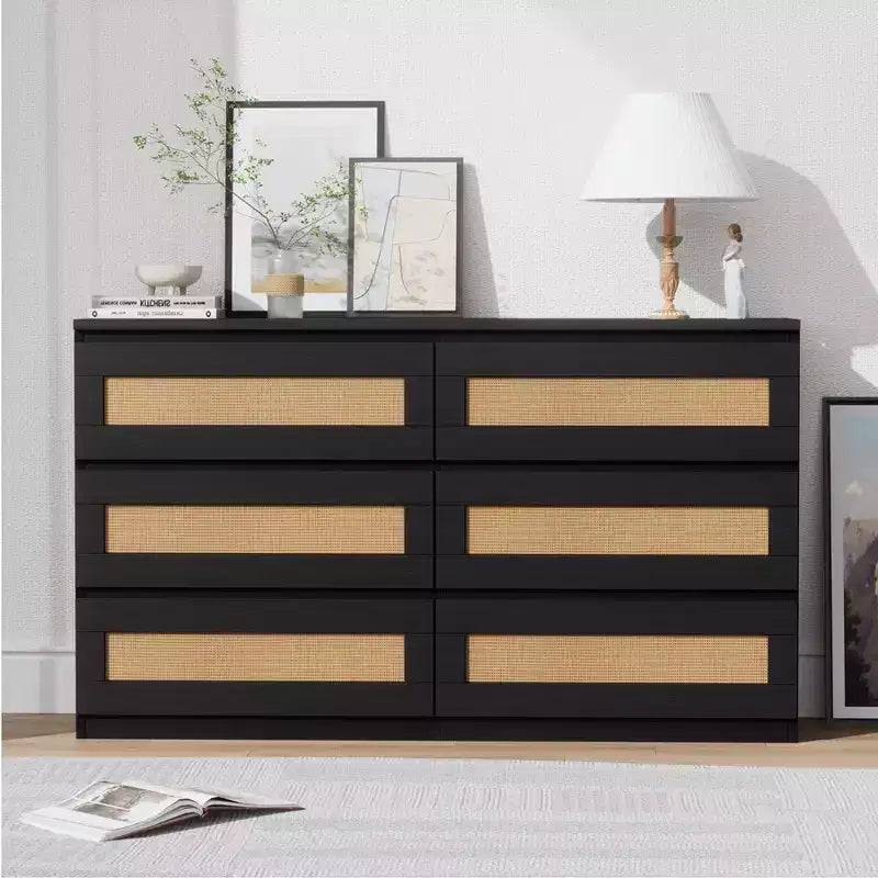 Cassettiera in rattan per camera da letto con 6 cassetti, cassettiera larga moderna in stile rustico da 47 pollici, mobile contenitore in legno per organizzare armadio, soggiorno e corridoio