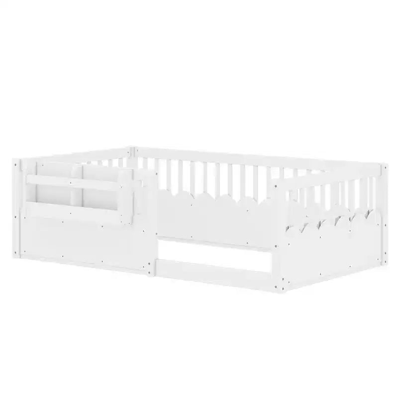 Lit cabane Montessori simple en bois Bellemave pour enfants, avec barrière surélevée et bibliothèque, pour filles et garçons