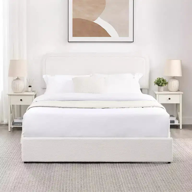 Lit queen-size moderne rembourré en bouclé avec tiroirs de rangement