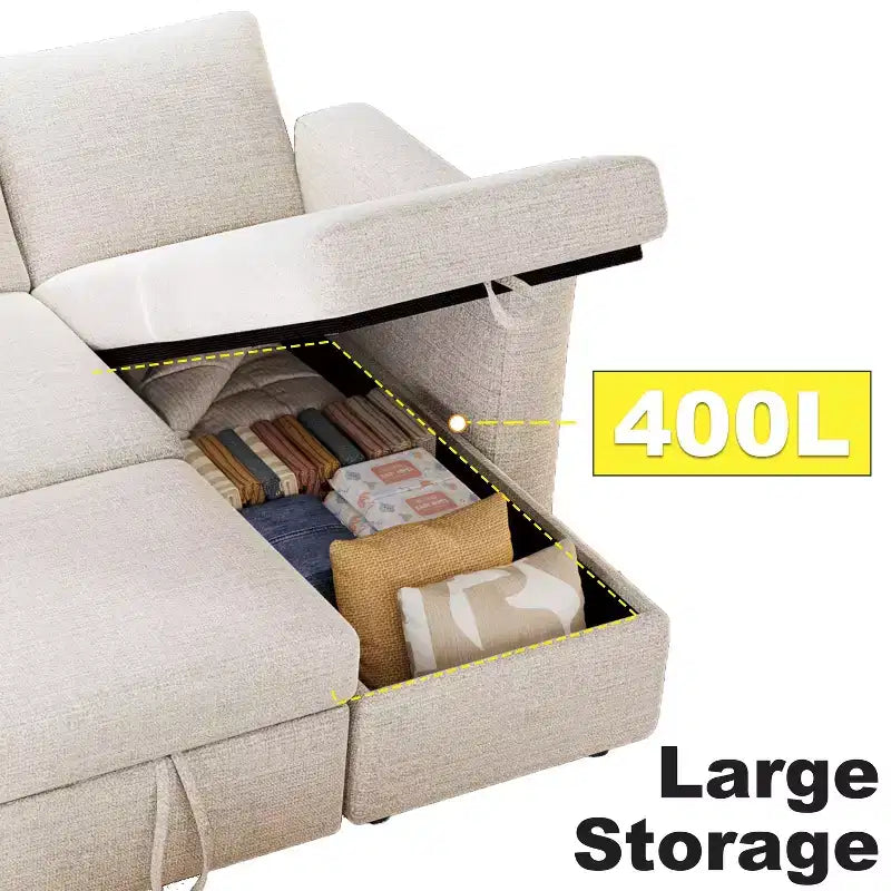 Dyonery 81-Sitzer-Schlafsofa, L-förmiges Ausziehsofa mit wendbarer Recamiere mit Stauraum, USB-Anschluss und verstellbarer Rückenlehne