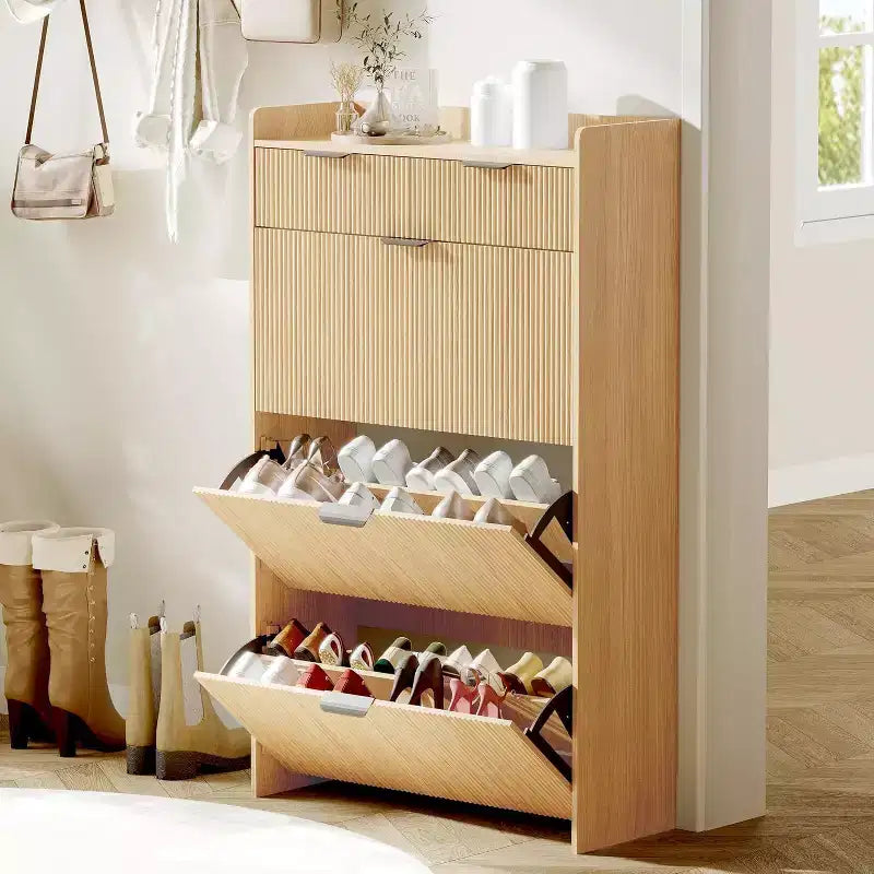Scarpiera moderna bianca con 3 cassetti ribaltabili, 2 cassetti piccoli e ganci, organizer sottile scanalato per scarpe, mobile stretto per ingresso