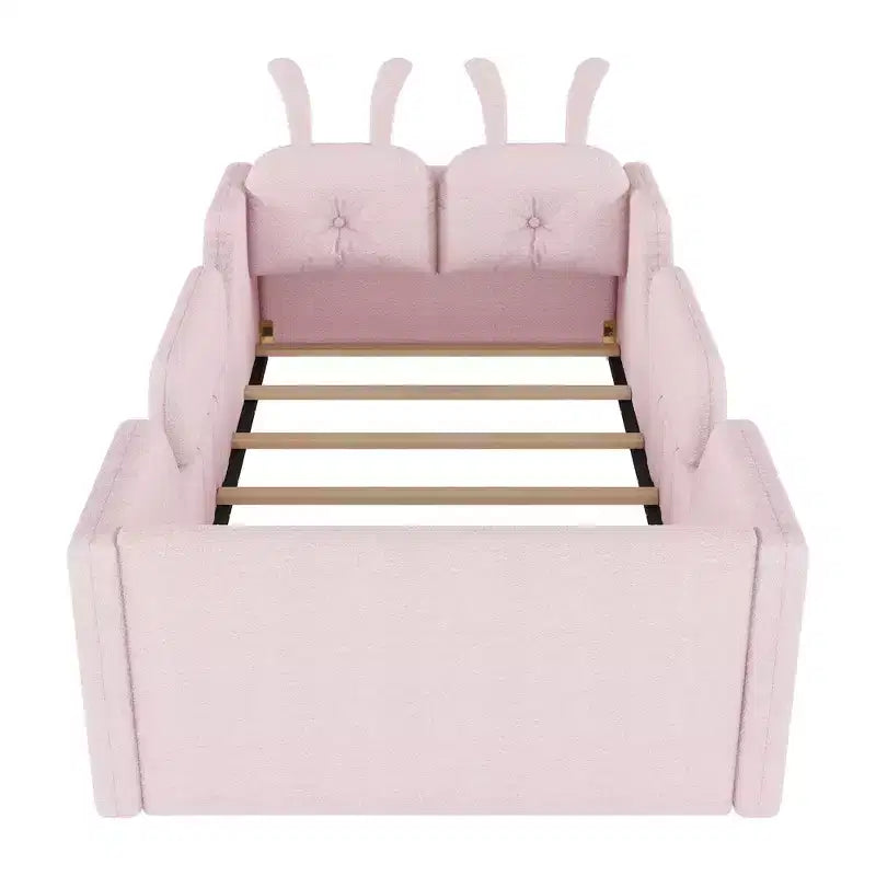 Letto a piattaforma singolo Whisen, struttura imbottita per letto a terra per bambini con cuscino a forma di coniglio e sponde laterali rimovibili