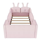 Letto a piattaforma singolo Whisen, struttura imbottita per letto a terra per bambini con cuscino a forma di coniglio e sponde laterali rimovibili