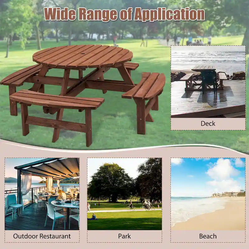 Ensemble de pique-nique et repas rond pour terrasse extérieure en bois de sapin, 8 personnes, avec 4 bancs intégrés et trou pour parasol