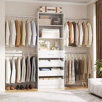 Système d’organisation de dressing en bois Besiost de 4 à 9 pieds avec 4 tiroirs, 4 tringles et des colonnes d’étagères