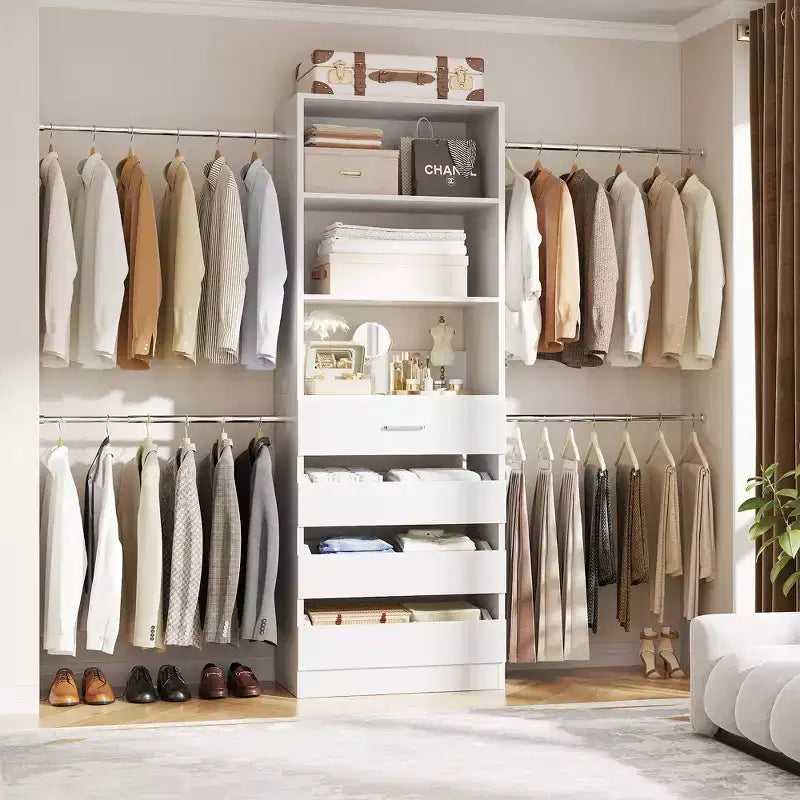 Système d’organisation de dressing en bois Besiost de 4 à 9 pieds avec 4 tiroirs, 4 tringles et des colonnes d’étagères