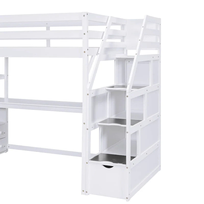 Lit mezzanine une place avec bureau et étagères, deux tiroirs intégrés et escalier de rangement