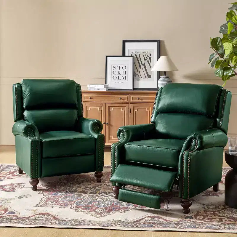 Set di 2 poltrone reclinabili moderne Elisabete con schienale ad ali in vera pelle e borchie decorative vintage per soggiorno e camera da letto| ART OF LIVING DESIGNS