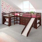 Double Twin L-Shaped Slide Loft Bedroom Set in Dark Cappuccino
